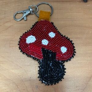 Handmade beaded mushroom keychain